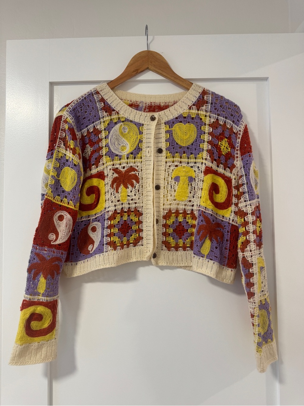 Crochet Patchwork Button-Front Women’s Sweater - Lights